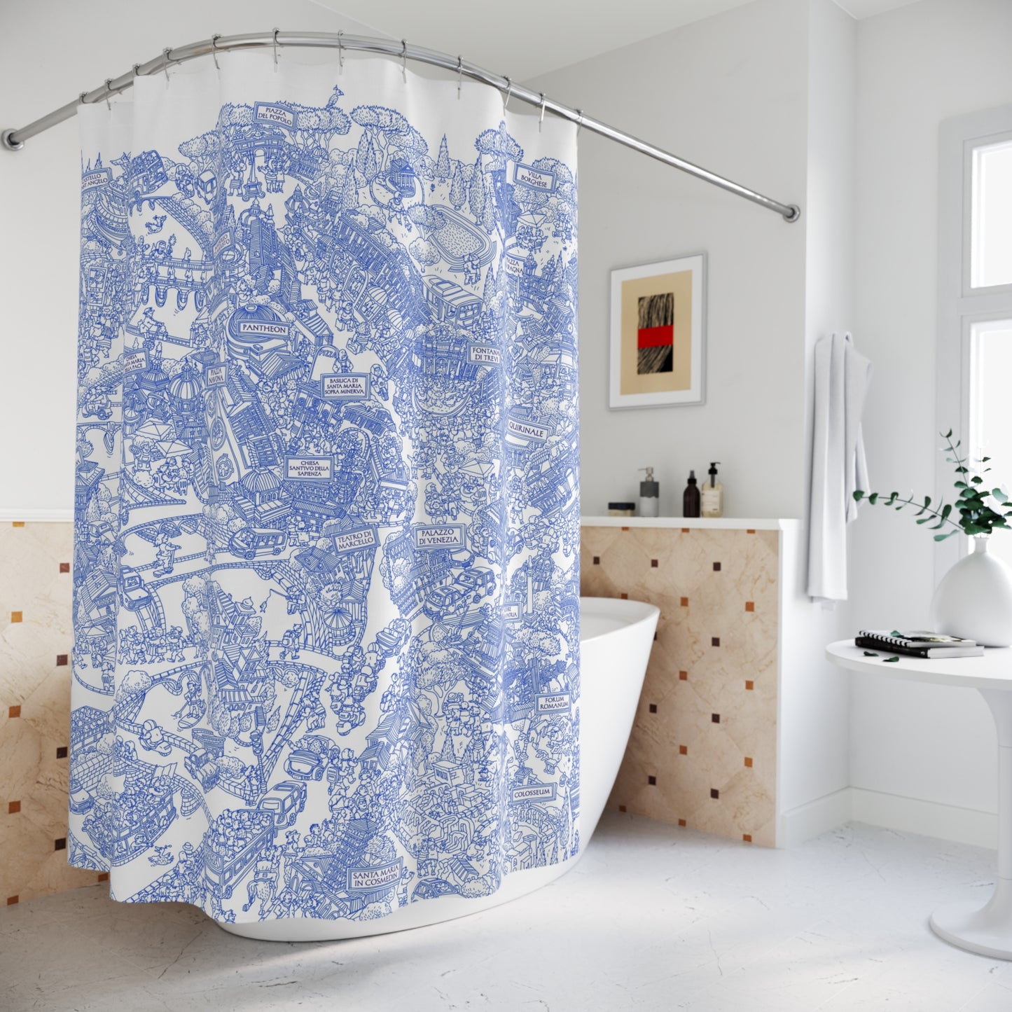Blue Doodle City Shower Curtain — Hand-Drawn Urban Map Bath Decor