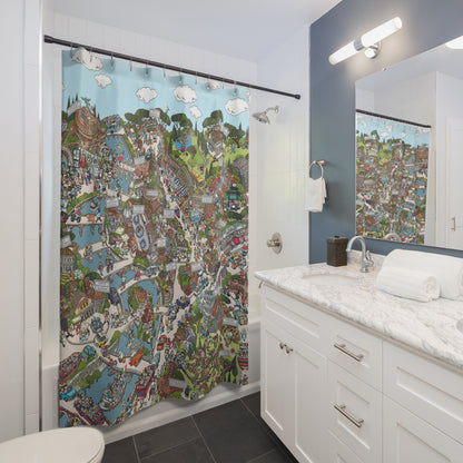 Whimsical Cityscape Shower Curtain — Detailed Illustrated Town Map Design