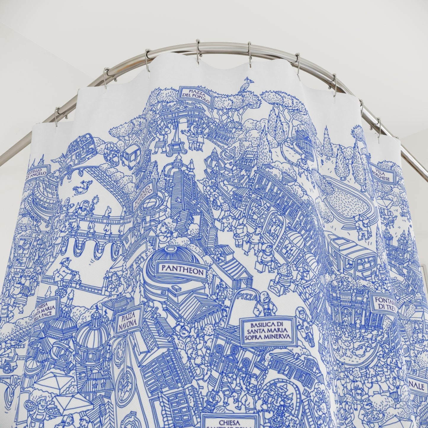 Blue Doodle City Shower Curtain — Hand-Drawn Urban Map Bath Decor