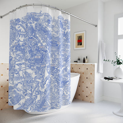 Blue Doodle City Shower Curtain — Hand-Drawn Urban Map Bath Decor