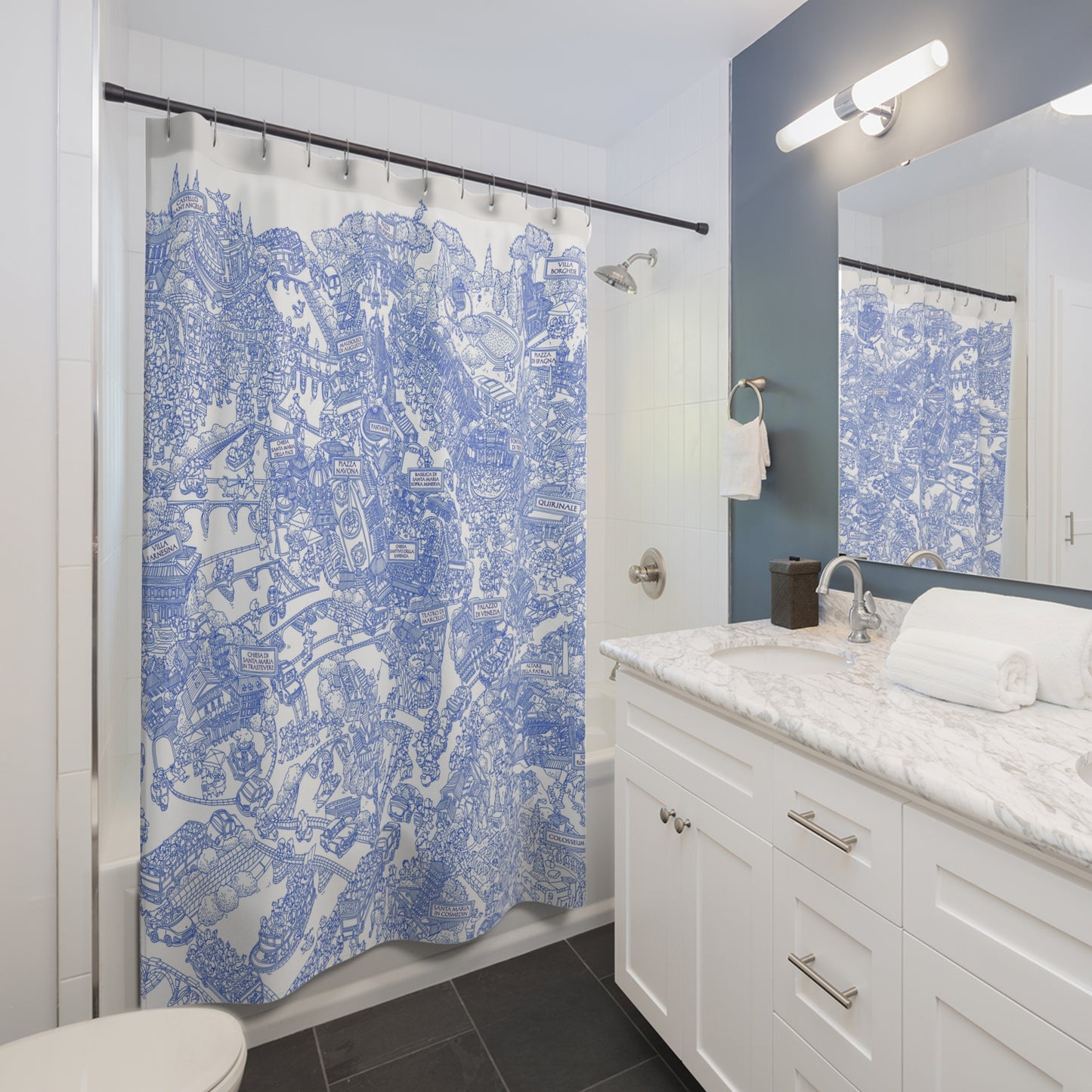 Blue Doodle City Shower Curtain — Hand-Drawn Urban Map Bath Decor