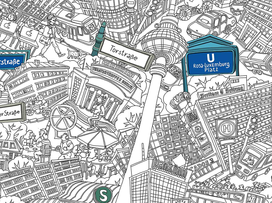 Carteles azules del metro y el S-Bahn, detalle del mapa de Berlín Mitte dibujado a mano por Natascha Schwarz