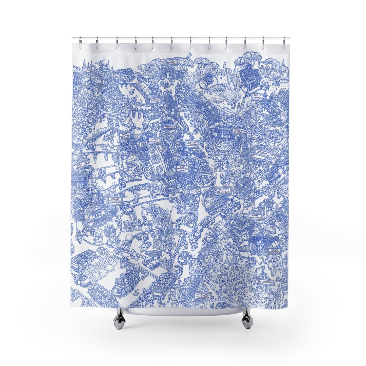 Blue Doodle City Shower Curtain — Hand-Drawn Urban Map Bath Decor