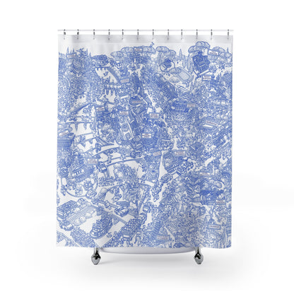 Blue Doodle City Shower Curtain — Hand-Drawn Urban Map Bath Decor