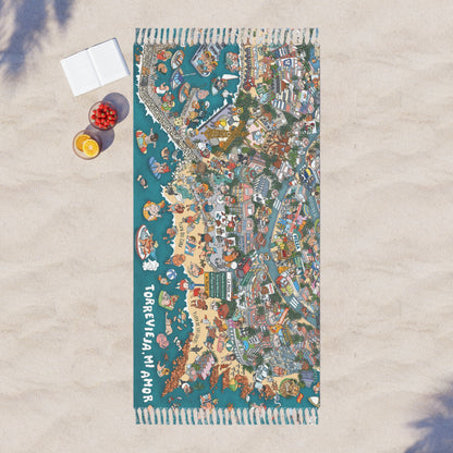 Boho Beach Towel — Colorful Aloha Island Map Beach Cloth with Fringe