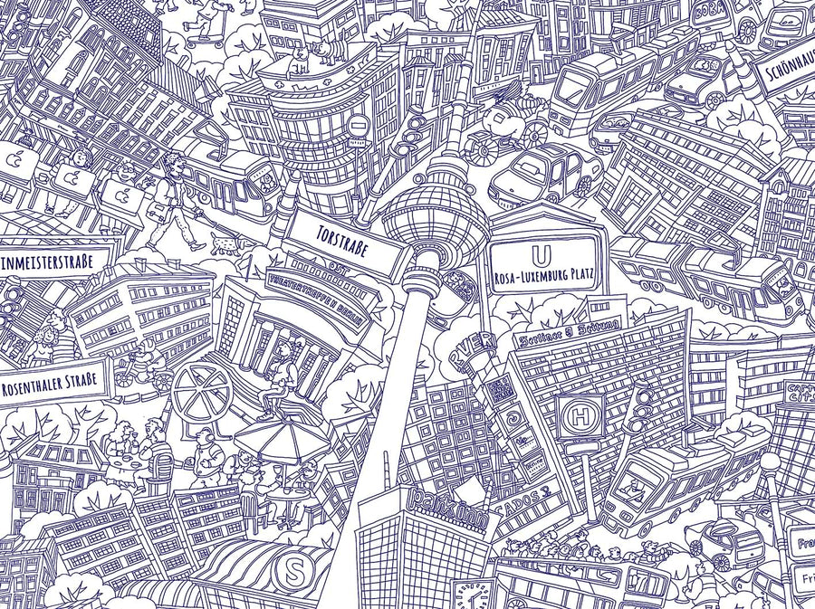 Calles de Mitte en tinta azul, detalle del mapa de Berlín Mitte dibujado a mano por Natascha Schwarz