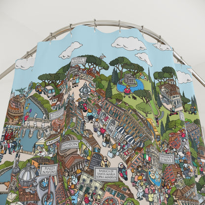Whimsical Cityscape Shower Curtain — Detailed Illustrated Town Map Design