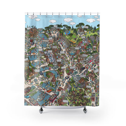 Whimsical Cityscape Shower Curtain — Detailed Illustrated Town Map Design