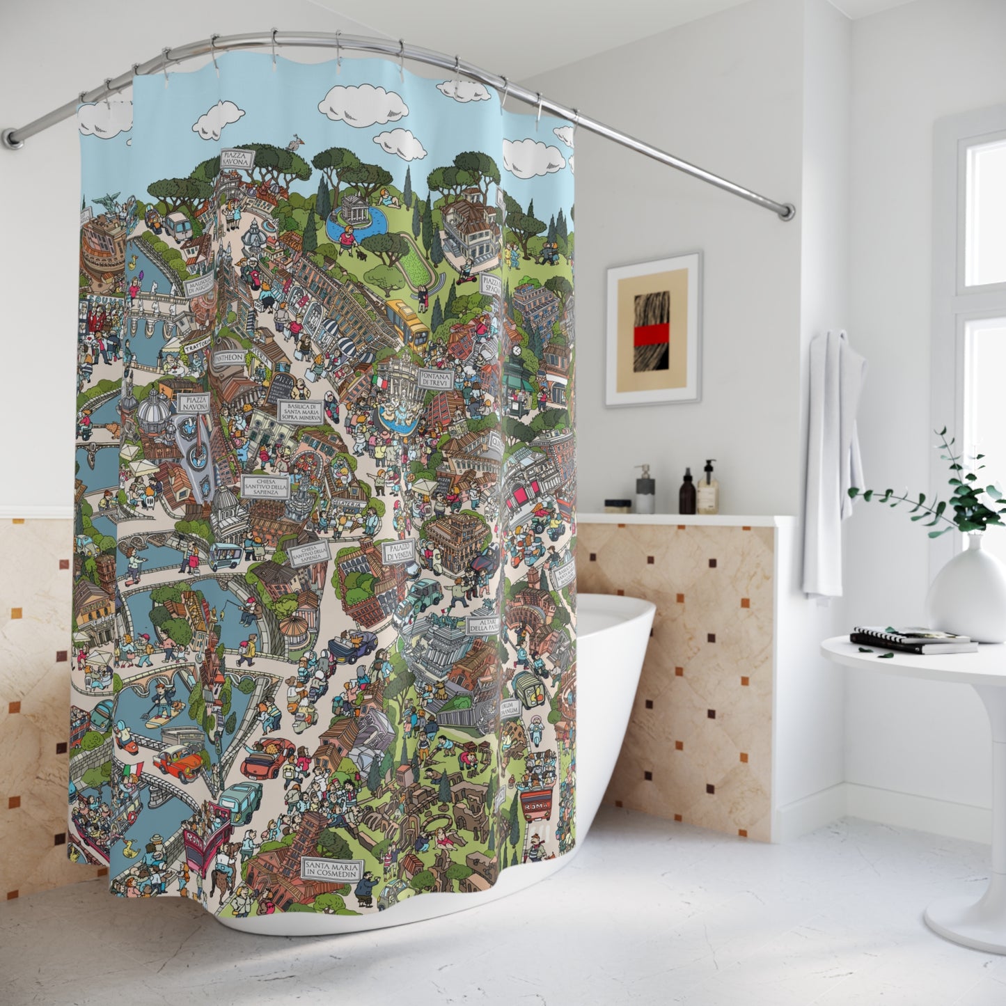 Whimsical Cityscape Shower Curtain — Detailed Illustrated Town Map Design
