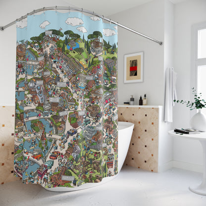 Whimsical Cityscape Shower Curtain — Detailed Illustrated Town Map Design