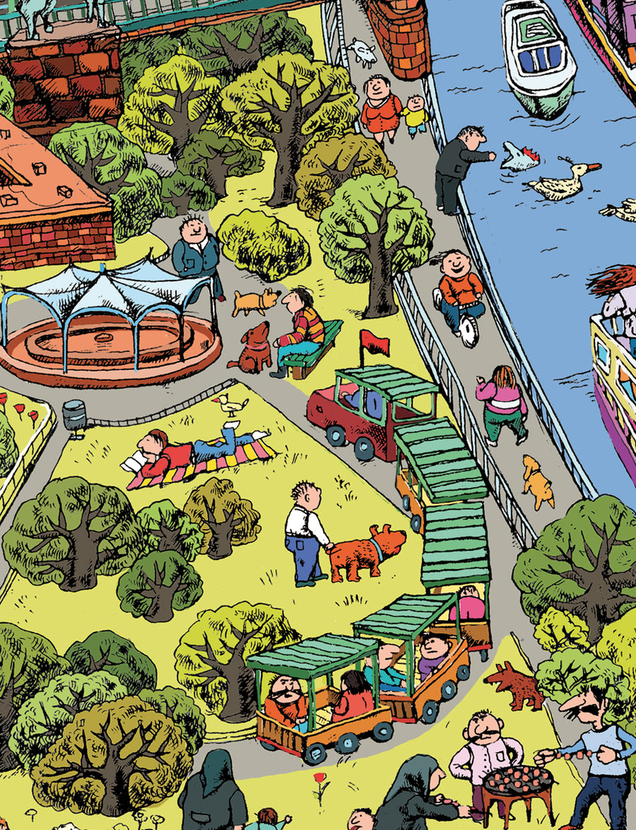 Un día de sol en el parque, detalle del mapa de Colonia dibujado a mano por Natascha Schwarz