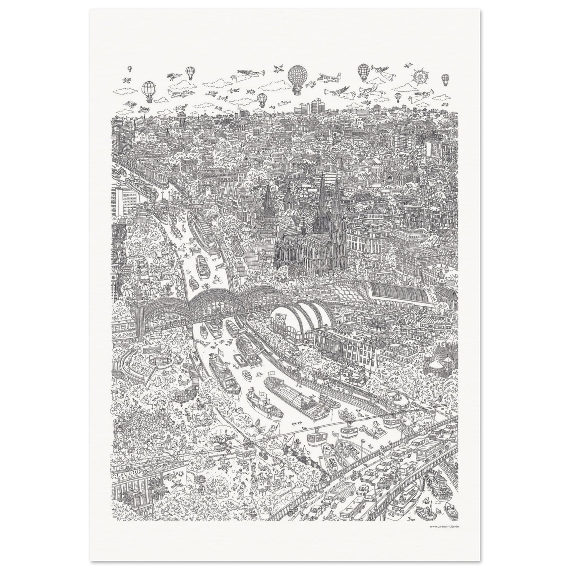 A black and white poster featuring a detailed cityscape with various vehicles and a hot air balloon.