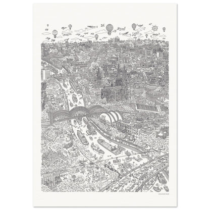 A black and white poster featuring a detailed cityscape with various vehicles and a hot air balloon.