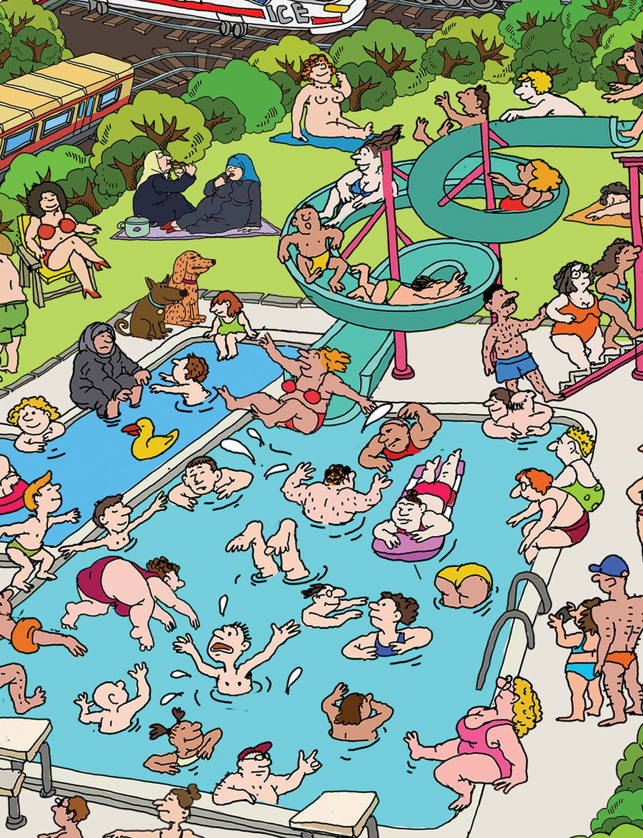 Chapuzones en la piscina, detalle del mapa de Berlín Gesundbrunnen dibujado a mano por Natascha Schwarz