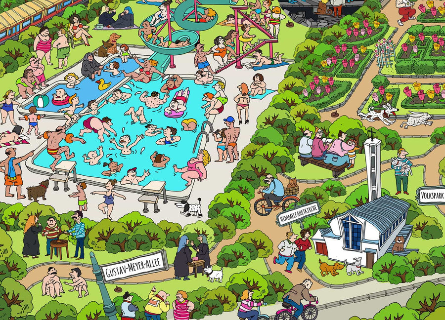 Verano en la piscina al aire libre, detalle del mapa de Berlín Gesundbrunnen dibujado a mano por Natascha Schwarz