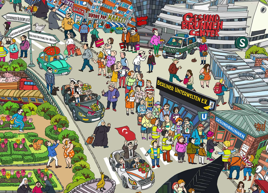 El Gesundbrunnen Center y el S-Bahn, detalle del mapa de Berlín Gesundbrunnen dibujado a mano por Natascha Schwarz