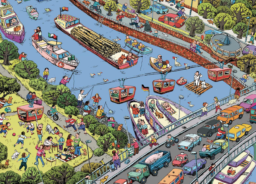 Barcos en el Rin, detalle del mapa de Colonia dibujado a mano por Natascha Schwarz